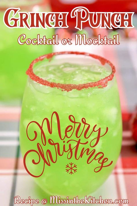 Grinch Punch is a fun party drink for Christmas made with vodka for the adults or without for the kids. A festive lemon-lime punch served up with a red sugared rim. Christmas Mocktails For A Crowd, Grinch Drinks For Kids, Green Punch Recipes, Christmas Vodka, Punch Recipes For Kids, Fun Holiday Drinks, Grinch Drink, Grinch Punch, Vodka Punch