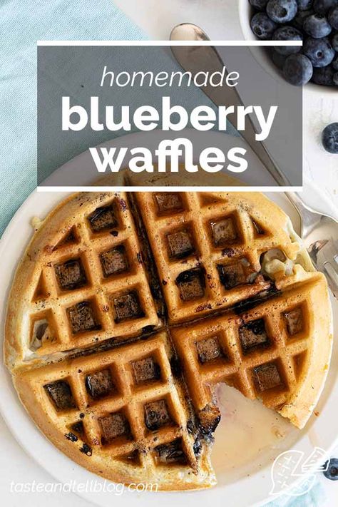 Bursting with blueberry flavor, these tender Blueberry Waffles are a breakfast the whole family loves. They are fast, easy, and the perfect way to make any morning feel special. #breakfast #recipe #blueberry #waffles Waffles With Blueberries, Homemade Blueberry Waffles, Flavored Waffle Recipe, Blueberry Waffles Recipe, Best Waffle Recipe, Berry Waffles, Kid Foods, Waffle Iron Recipes, Blueberry Waffles