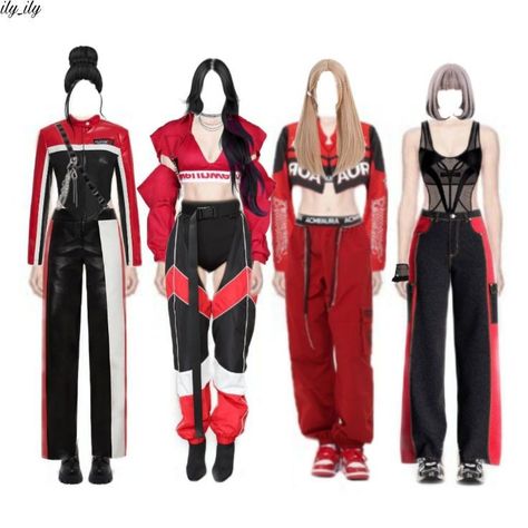 4 Member Girl Group Outfits, 4 Member Girl Group, Girl Group Outfits, Female Racers, Pretty Savage, Kpop Fits, Group Outfits, Red Outfits, Performance Outfits