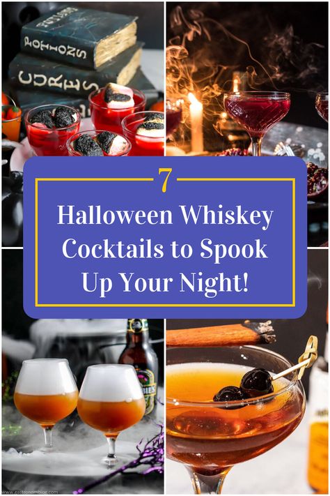 Collage of 4 halloween whiskey cocktails. Whiskey Halloween Cocktails, Halloween Cocktail Whiskey, Spooky Whiskey Cocktail, Halloween Bourbon Drinks, Halloween Drinks Alcohol Whiskey, Halloween Drinks With Whiskey, Halloween Old Fashioned Cocktail, Halloween Old Fashioned, Halloween Craft Cocktails