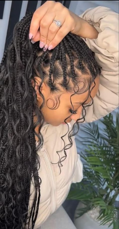 Box Braids Boho Curls, Teaira Walker Braids, Boho Braids Box Braids, Half Done Braids Black Women, Goddess Braids With Water Wave Hair, Braided Hairstyles For Black Women With Curls, Bohemian Braid Hairstyles, Small Boohoo Knotless Braids, Bohemian Twists With Curls