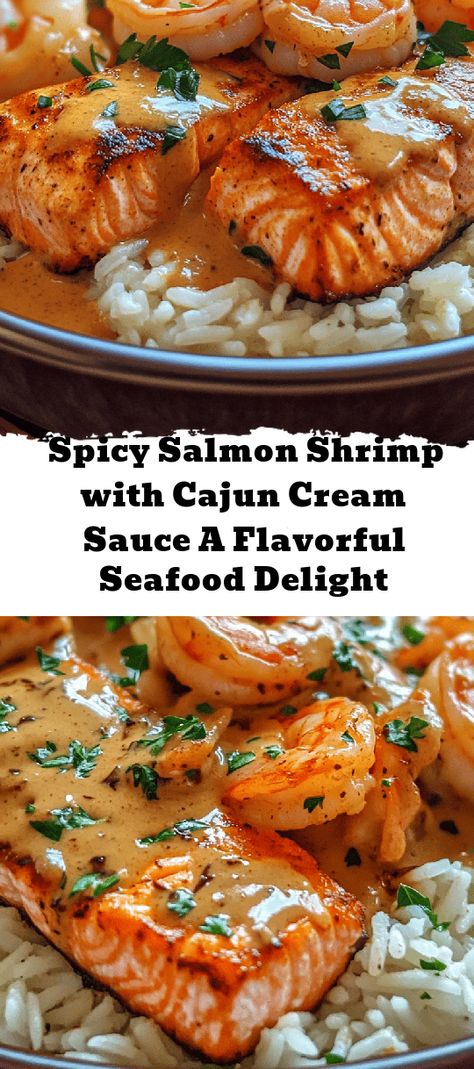 Looking for a quick and delicious seafood dish? Try this Spicy Salmon & Shrimp with Cajun Cream Sauce! In just 30 minutes, you can whip up a flavorful meal that combines tender salmon and succulent shrimp in a creamy, zesty sauce that's bursting with Cajun spices. Perfect for impressing dinner guests or enjoying a cozy night in, this dish showcases the richness of Cajun cuisine and is sure to delight your taste buds. Plus, it’s packed with protein and heart-healthy Omega-3 fatty acids. Cajun Shrimp Cream Sauce, Salmon With Cajun Cream Sauce, Salmon And Sausage Recipes, Shrimp Salmon Recipe, Red Snapper With Creamy Creole Sauce, Cajun Salmon Recipes, Creamy Salmon Recipes, Salmon And Shrimp Recipes, Shrimp Stuffed Salmon