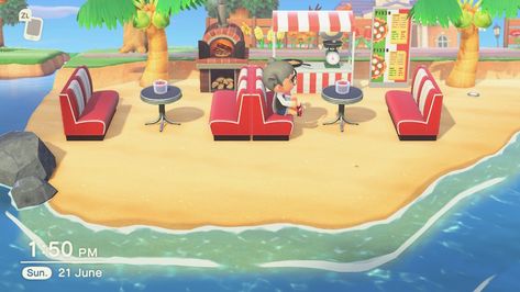 Acnh Pizza Shop, Beach Cafe Design, Design Animal Crossing, Animal Crossing New Horizon, Pizza Menu, Beach Cafe, Cafe Design, Outdoor Rooms, Not Mine