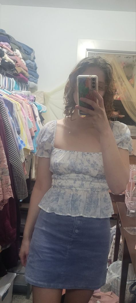 white floral short sleeve puff shirt with light blue flowers and a squared neckline paired with a slightly darker blue courderoy skirt Puffy Sleeve Outfit, Courderoy Skirt, Outfit Journal, Puff Shirt, Im Blue, Squared Neckline, Light Blue Top, Light Blue Flowers, Floral Short