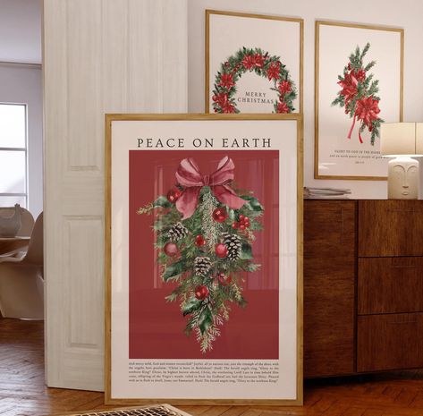 Peace On Earth Modern Christian Christmas Home Decor Winter Botanical Print Trendy Red Bow Holiday Wall Art Minimal Biblical Advent Poster Jesus Is Born Christmas, Christian Christmas Wall Art, Jesus Christmas Decorations, Christian Christmas Decorations, Home Decor Winter, Wall Art Minimal, Watercolor Poster, Holiday Wall Art, Minimal Color