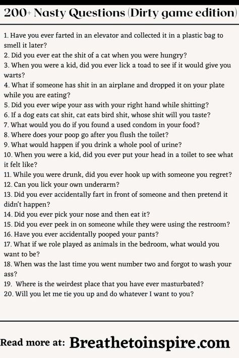 Inappropriate Questions To Ask, Adult Truth Or Dare Questions Dirty, Couple Questions Game Dirty, Spicy Never Have I Ever Questions, Never Have I Ever Questions Dirty, Juicy Truth Questions, Situation Questions Game For Boyfriend, Juicy Would You Rather Questions, Dirty Questions For Couples