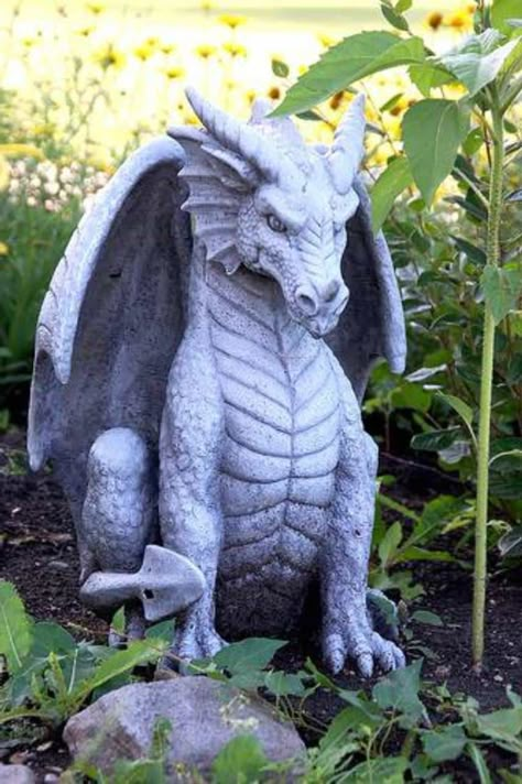 Dragon Garden Sculpture, Dragon Garden Statue, Pirate Garden, Sitting Dragon, Garden Dragon, Cement Decor, Dragon Garden, Safe Playground, Here There Be Dragons