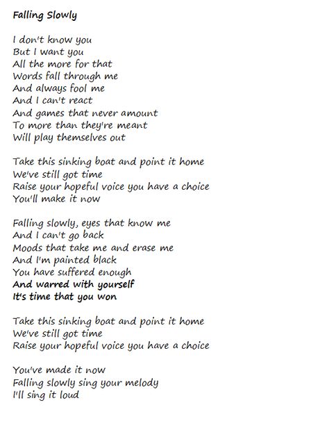 Falling Slowly lyrics. I'll never listen to this song quite the same way again, beautiful. I love you Uncle Robbie. RIP X Falling Slowly Lyrics, Chic Flicks, Kris Allen, Glen Hansard, Lee Ann Womack, Falling Slowly, I Dont Know You, Music Machine, Song Words