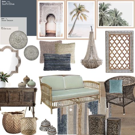 Moroccan Beach Vibe Pool House Moorish Bedroom, House Mood Board, Mood Board Beach, Moroccan Decor Living Room, Moroccan Inspiration, Moroccan Theme, Moroccan Interiors, Japanese Decor, Interior Design Mood Board