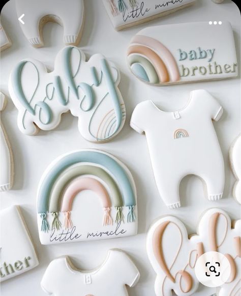 Boho Cookies, Rainbow Theme Baby Shower, Rainbow Sugar Cookies, Gender Reveal Baby Shower Themes, Cookie Corner, Gender Reveal Cookies, Onesie Cookies, Pastel Baby Shower, Grey Baby Shower