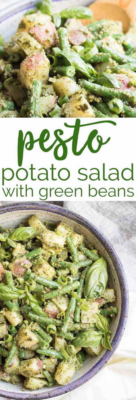 Fresh basil pesto with almonds is the perfect pair to creamy potatoes and crunchy green beans in this quick and easy Pesto Potato Salad. Basil Recipes Vegan, Potato Salad With Green Beans, Pesto Potato Salad, Healthy Lunch Salad, Healthy Pesto, Creamy Potatoes, Almond Pesto, Potato Salad Healthy, Pesto Potatoes