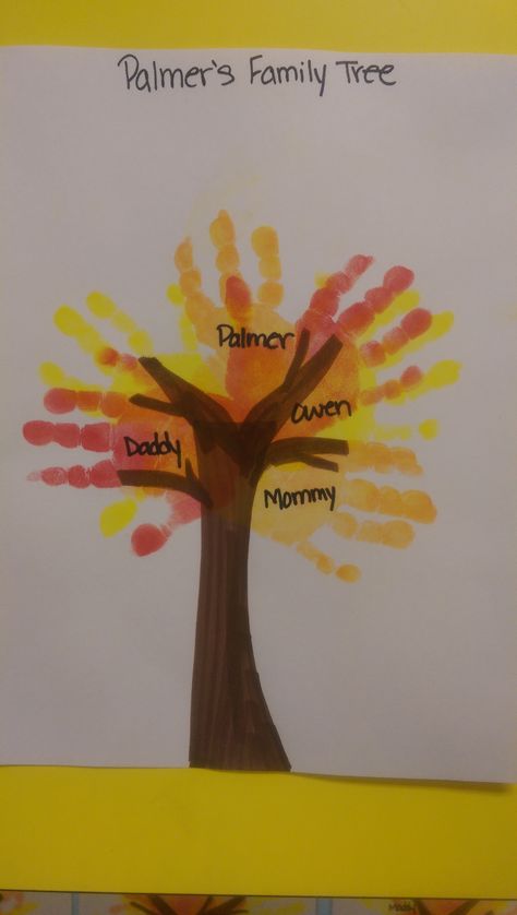 Hand Print Family Tree, Family Art For Infants, Fall Family Projects Preschool, Family Tree Crafts For Toddlers, Family And Friends Crafts For Infants, Family Toddler Crafts, Preschool Family Tree Ideas, Family Tree Handprint Art, Family And Friends Crafts For Toddlers