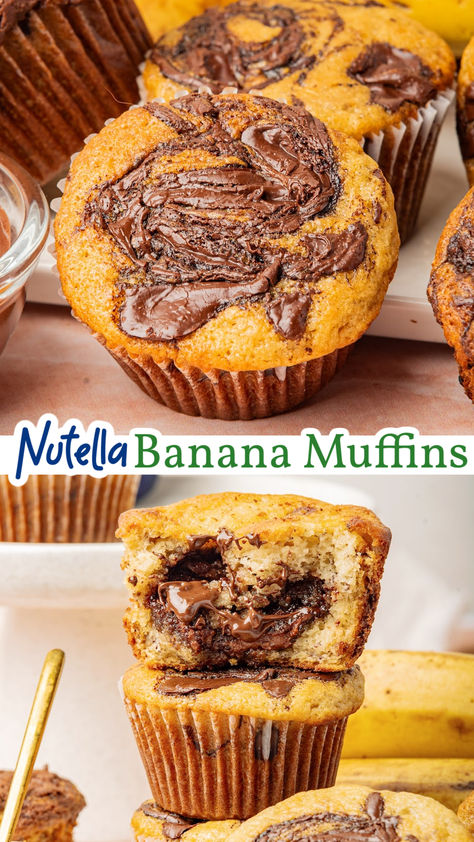 Banana With Nutella, Zucchini Nutella Muffins, Nutella With Banana, Nutella Swirl Banana Muffins, Banana Nutella Muffins, Moist Banana Muffins, Pancake Muffins, Banana Nutella, Banana Muffins