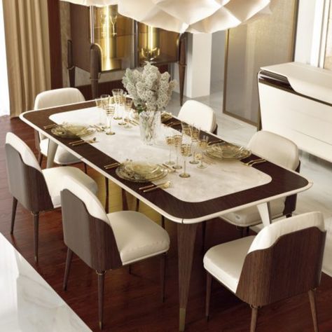 Melting Light collection rectangular table. Wooden structure, finished in sand color walnut solid wood and veneer. Top insert in marble Tobacco al verso. Leather application. Brushed gold metal details. Also available without marble insert. More wooden finishes, marbles and leathers are available. Contact us for more information at info@arkinteriors.ca! Wooden Dining Table With Marble Top, Wood And Marble Dining Table, Marble And Wood Dining Table, High End Furniture Stores, Dinning Tables, Dining Table Design Modern, Wardrobe Interior, Marble Home, Home Door Design