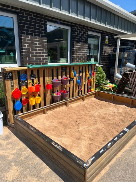 Needed to find a more suitable storage solution and here it is Enclosed Sandbox Ideas, Sandpit Toy Storage, Built In Sandbox Sand Pit, Garden Sandpit Ideas, Sand Play Area For Kids, Sensory Outdoor Area, Kids Yard Play Area, Backyard Sand Area, Grass Seating Area