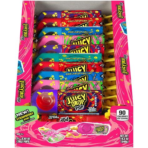 Juicy Drop Pop Variety Pack, Assorted Flavors Sweet Lollipops with Sour Liquid Candy, 0.92 Oz, 21 Count Juicy Drop Pop, Hard Candy Lollipops, Strawberry Kiwi, Sour Candy, Fruit Punch, Blue Raspberry, Hard Candy, Variety Pack, Candy Recipes