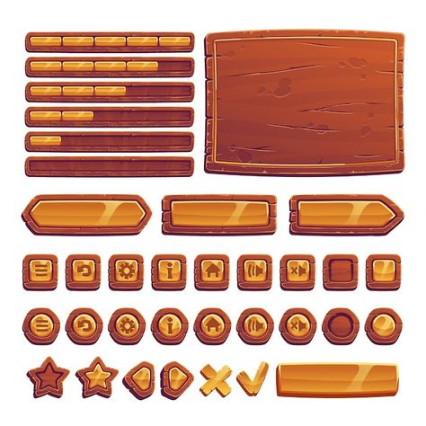 Wooden and gold buttons for ui game | Free Vector #Freepik #freevector #wood-button #menu-button #gui #play-button Ui Buttons, Idle Game, Medieval Games, Game 2d, Pirate Games, Game Gui, Ui Game, Unity Games, Button Game