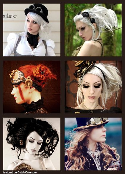 Steampunk Bride Hairstyle, I loove the bottom left XD Steampunk Makeup, Kato Steampunk, Punk Wedding, Steampunk Hairstyles, Mode Steampunk, Steampunk Halloween, Steam Girl, Steampunk Wedding, Steampunk Cosplay