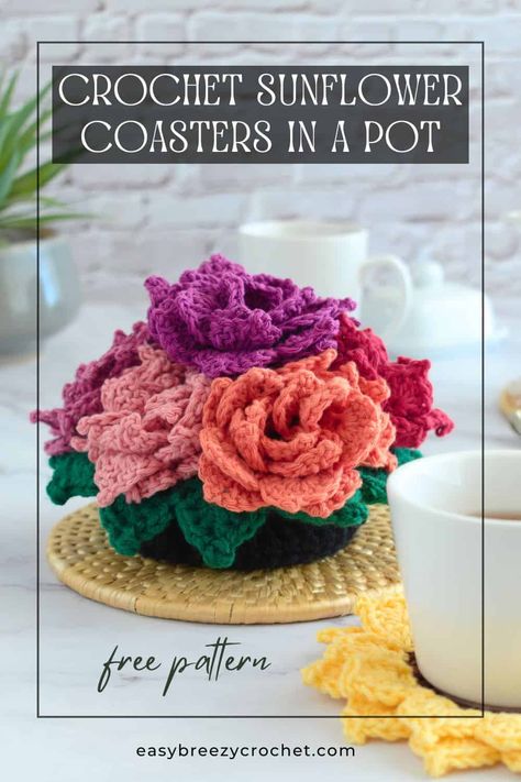 Crochet Sunflower Coasters In A Pot Crochet Coaster With Basket, Sunflower Crochet Coasters, Crochet Costers Ideas Free, Easy Coaster Crochet Pattern Free, Crochet Coaster Basket, Crochet Flower Coasters In Pot, Crochet Coasters Free Pattern Square, Crochet Coasters Flower Pot Free Pattern, Coaster Crochet Ideas