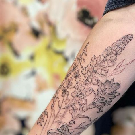 Colorado Wildflowers Tattoo, Lupin Tattoo, Indian Paintbrush Tattoo, Lupine Tattoo, Paintbrush Tattoo, Colorado Tattoo, Scar Cover Up, Colorado Wildflowers, L Tattoo