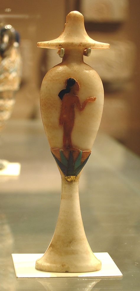 Perfume bottle in the shape of a hes-vase inlaid with the figure of a princess  Period: New Kingdom, Amarna Period Dynasty: Dynasty 18 Reign: reign of Akhenaten Date: ca. 1353–1336 B.C. Geography: Egypt Starověký Egypt, Intelligence Service, Pretty Perfume Bottles, Egyptian Artifacts, Beautiful Perfume Bottle, Antique Perfume Bottles, Art Ancien, Egyptian History, Ancient Egyptian Art