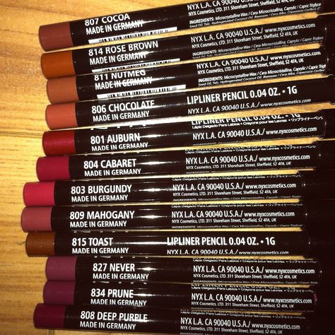 Nyx Slip Lip Pencils / SLP. From top to bottom: 807 Cocoa, 814 Rose Brown, 811 Nutmeg, 806 Chocolate, 801 Auburn, 804 Cabaret, 803 Burgundy, 809 Mahogany, 815 Toast, 827 Never, 834 Prune, 808 Deep Purple, Nyx Lip Liner Cocoa, Nix Lip Liner, Nyx Lip Pencil, Nyx Lip Liner, Nyx Lip, Make Up Tutorials, Lip Liners, Matte Lipsticks, Nyx Makeup