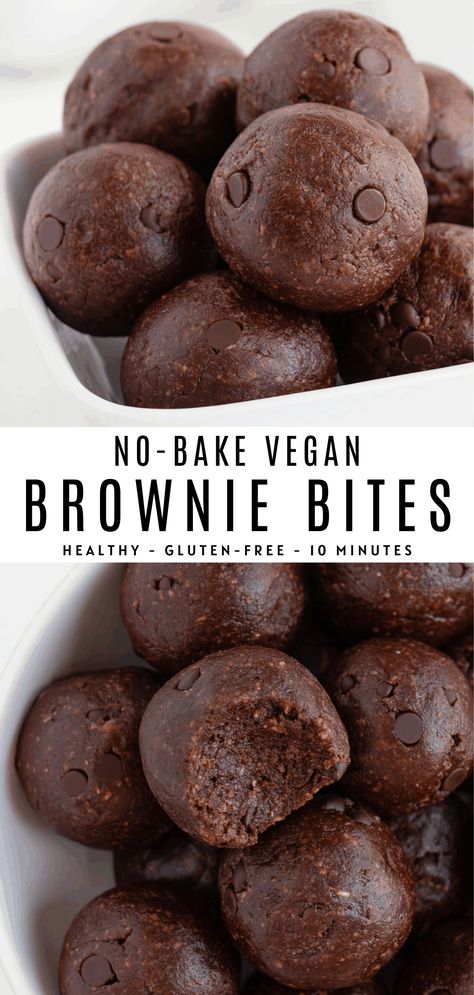 No bake brownie bites are fudgy, vegan, gluten-free, and secretly healthy! These easy 10-minute chocolate energy balls are made with dates, almonds, walnuts, and cacao powder. Perfect for a healthy dessert or post-workout snack! #nobake #browniebites #energyballs #proteinballs #blissballs #energybites #vegan #glutenfree #brownies #rawbrownies No Bake Brownie Bites, Smoothies Vegan, Raw Brownies, Vegan Snack Recipes, Healthy Sweet Snacks, Vegan Brownie, No Bake Brownies, Brownie Bites, Think Food