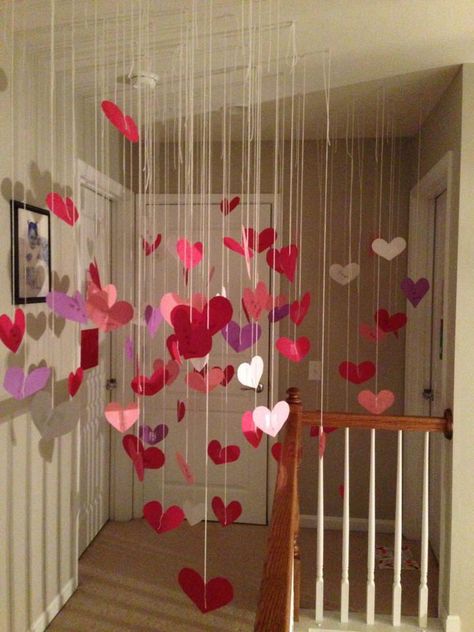 A great Valentine's Day surprise!!  We wrote a different message on each heart for our girls. Valentine Room Decor, Valentine Room, Anniversary Month, Air Aesthetic, Vday Decor, Romantic Gifts For Boyfriend, Surprise Boyfriend, Valentines Surprise, Simple Birthday Decorations