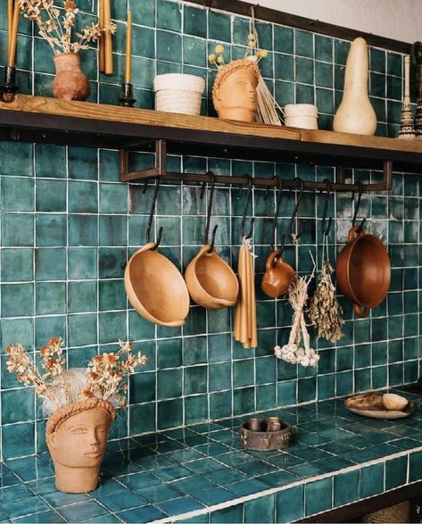 Magical Fountain, Most Beautiful Kitchens, Ancient Pillars, Mexican Tile Backsplash, Slow Roads, Terracotta Kitchen, Teal Tile, Mexican Kitchen Decor, Mexican Kitchen