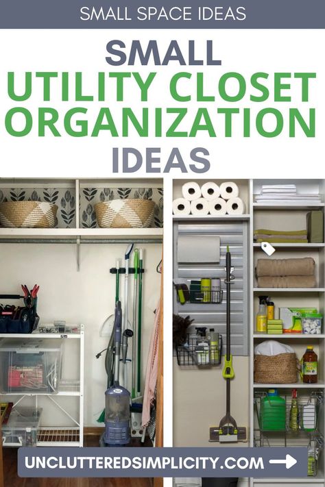 Check out these small space ideas and be inspired to organize your small utility closet! How To Organize A Storage Closet, Utility Room Cupboard Storage, Utility Room Wall Storage Ideas, Laundry Room Utility Closet Ideas, Small Laundry Room Utility Closet, Cleaning Storage Ideas Closet, Small Utility Organisation, Utility Storage Cabinet Ideas, Utility Room Closet Ideas