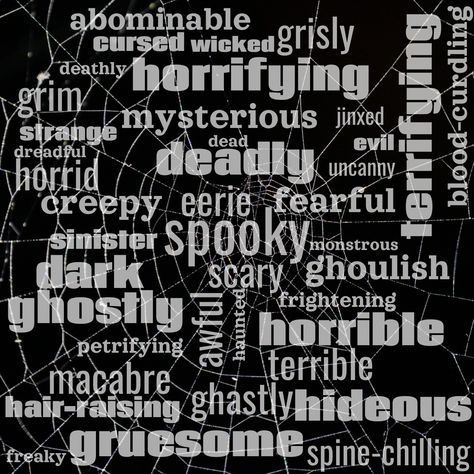 Word cloud about Halloween Adjectives Horror Adjectives, Halloween Adjectives, Creepy Words, Horror Poetry, Writing Prompts Quotes, Spooky Words, Adjective Words, Word Clouds, Tag Cloud