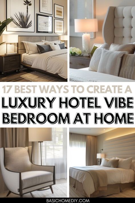 Find the 17 best ways to create a luxury hotel vibe bedroom at home. Transform your master bedroom or guest bedroom into a luxury hotel bedroom design whether you have a small bedroom or a large master suite, these luxury bedroom design ideas will help you create a stunning, cozy, and modern aesthetic. Discover budget-friendly ideas. Learn how to decorate with dark, black and gold accents, and a neutral and white color scheme to achieve a stunning and modern look in your hotel style bedroom. Hotel Style Bedroom Curtains, Guest Bedroom Ideas Hotel Style, Luxury Bedroom Guest, Small Bedroom Hotel Style, Guest Room Like A Hotel Room, Expensive Bedroom Luxury Aesthetic, Amazing Guest Bedroom, Master Decor Ideas Bedroom, Hotel Style Bedroom Ideas