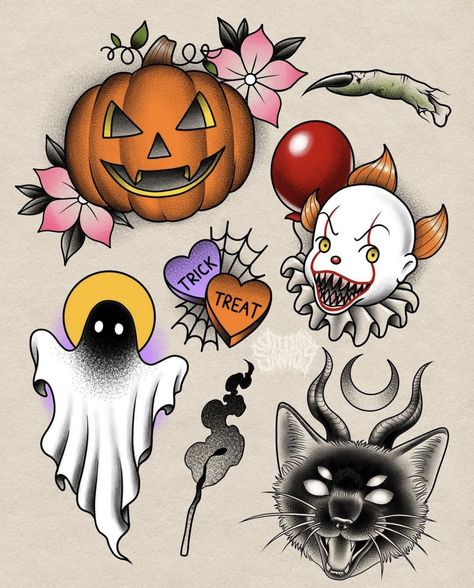 Neo Traditional Halloween Tattoo Flash, Halloween Fairy Drawing, Halloween Trad Tattoo, Halloween Traditional Tattoo Flash, Halloween Tattoo Traditional, Pumpkin Flash Tattoo, Flash Halloween Tattoo, Traditional Pumpkin Tattoo, American Traditional Halloween Tattoo