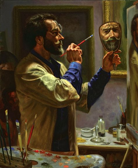 made by: Virgil Elliott , 'Self Portrait with Two Mirrors' Cesar Santos, Two Mirrors, Classical Realism, Representational Art, History Painting, Painting Workshop, Old Paintings, Artist Gallery, Mirror Art