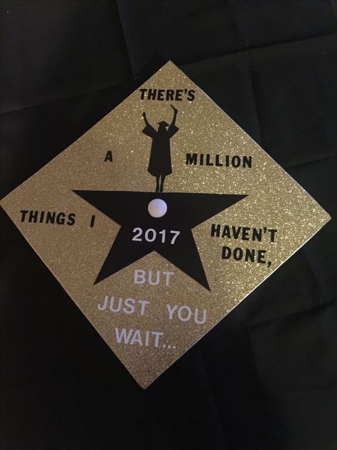 Grad Cap Hamilton, Highschool Musical Graduation Cap, Musical Theater Graduation Cap, Grad Cap Ideas Musical Theatre, Volleyball Graduation Cap, Graduation Cap Designs Musical Theatre, Grad Cap Ideas Hamilton, Musical Theatre Graduation Cap, Broadway Graduation Cap