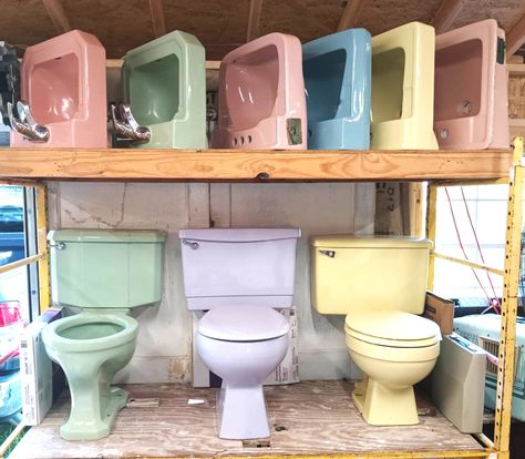 Complete Toilets | Suncoast Vintage Bathroom Supplies Colourful Toilet, Vintage Bathroom Sinks, Mcm Bathroom, Wall Hung Sink, Corner Toilet, Mcm House, Vintage Bathrooms, Wall Hung Toilet, Boho Bathroom