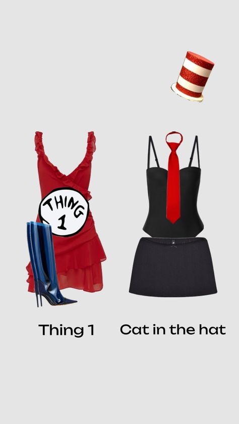 Cat in the hat and thing one costumes#halloween #hallowkn #hallo #halloweenaesthetic #halloweencostumeinspo Halloween Constumes, Cute Group Halloween Costumes, Classy Halloween Costumes, Trio Halloween Costumes, Hot Halloween Outfits, Halloween Coustumes, Thing One, Pretty Halloween Costumes, Duo Halloween Costumes