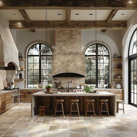 Modern Kitchen Traditional House, Interior Rustic Design Ideas, Modern Ranch Style Homes Interior, Luxury Home Kitchen Design, Large Traditional Kitchen, Architecture Kitchen Design, Huge Country Kitchen, European Farmhouse Interior Design, Modern European Farmhouse Kitchen