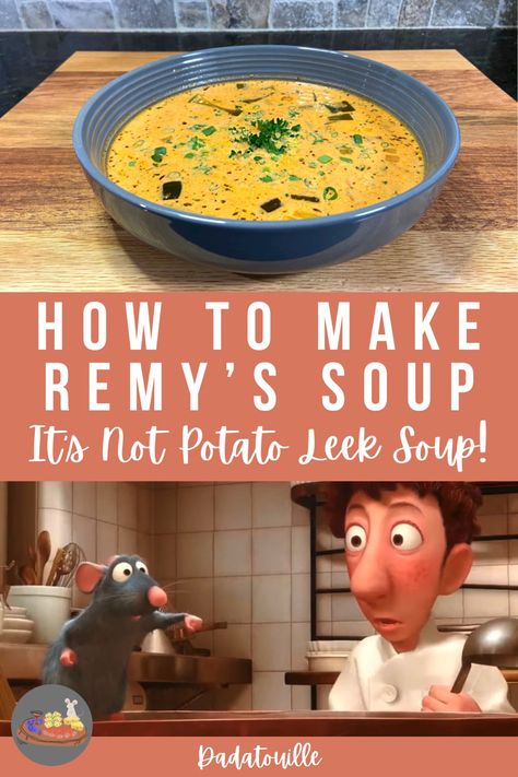 The soup from Ratatouille that Remy fixes is not potato leek soup! In this video I give some reasoning why and show my version of the recipe! I believe it is a more accurate recreation. I hope you enjoy! Disney Food Recipes Movies Ratatouille, Potato Leek Soup From Ratatouille, Ratatouille Movie Recipe Dishes, Food From Ratatouille Movie, Remy's Soup Recipe, Disney Soup Recipes, Disney Ratatouille Recipe, Ratatouille Recipes Disney, Ratatouille Movie Recipe