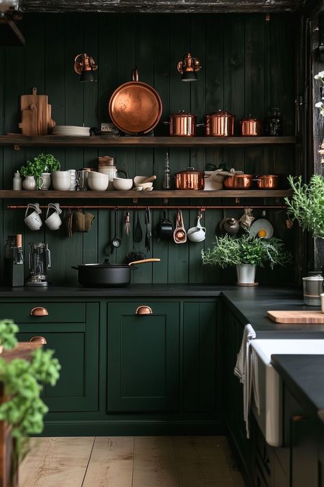 Emerald Green And Copper Kitchen, Kitchen Black And Green, Kitchen Green Black, Green Goth Kitchen, Green Witch Kitchen Aesthetic, Dark Witchy Kitchen, Dark Green Home Aesthetic, Dark Green Pantry, Green Moody Kitchen