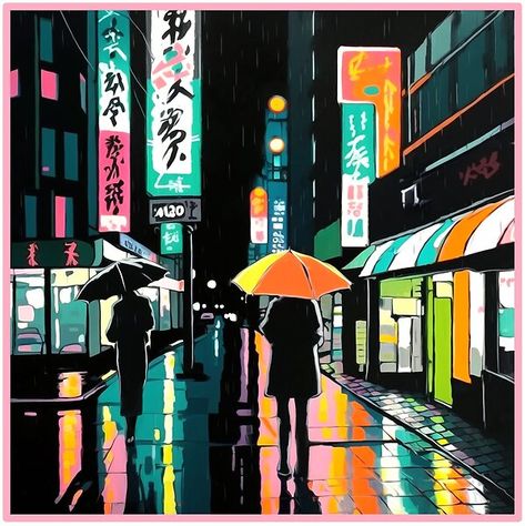 Neon Tokyo Rainy Night is a captivating artwork that depicts the bustling streets of Tokyo during a rainy night. The piece is illuminated by a vibrant neon glow, which highlights the towering skyscrapers and bustling crowds of people below. Tokyo Night Painting, Tokyo Painting Easy, Japanese Street Painting, Extravagant Aesthetic, Tokyo Painting, Tokyo Drawing, Crowds Of People, 4h Ideas, Streets Of Tokyo