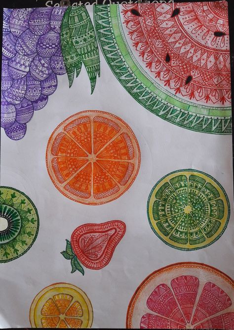 Fruit zentangle art Fruits Mandala Art, Fruit Mandala Art, Fruit Doodle Art, Zentangle Lines, Fruit Mural, Fruit Mandala, Kids Drawing Projects, Fruit Doodle, Fruit Art Drawings