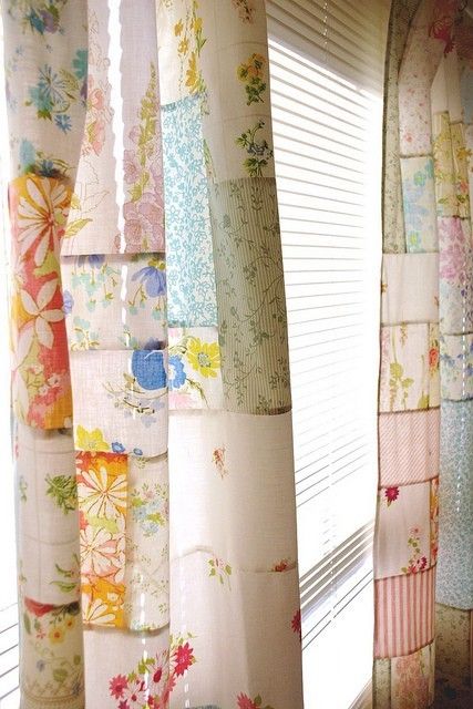 Repurpose: Vintage linens ... | the ReFab Diaries Cortinas Country, Sheet Curtains, Patchwork Curtains, No Sew Curtains, The Curtains, Vintage Bed, Vintage Sheets, Patterned Sheets, Patchwork Quilt