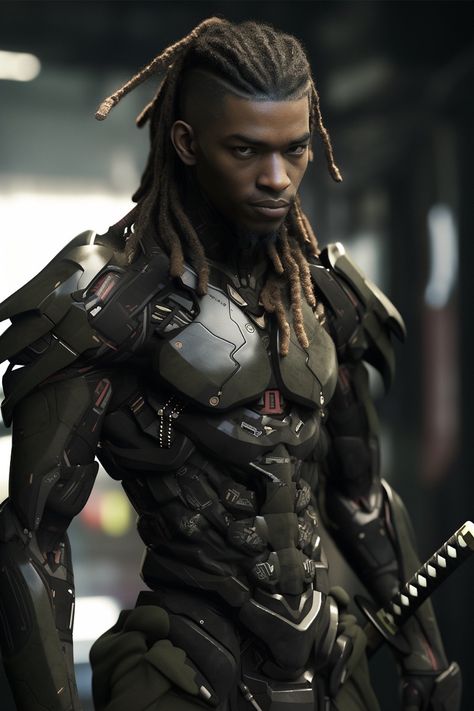 Sci Fi Swordsman, Black Cyberpunk, African Superhero, Black Men Hairstyles, Cyberpunk Fashion, Cyberpunk Character, Black Characters, Futuristic Fashion, Modern Fantasy