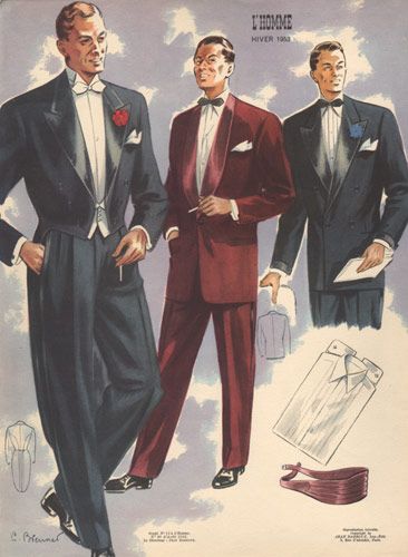 Note: Formal men's look in the 1950s. If it is an evening scene ____________________________________ Men's formal 1950's fashion! 50s Mens Fashion, Mens Evening Wear, Vintage French Fashion, 1950s Mens Fashion, Fashion 50s, 1950s Mens, 1950 Fashion, Formal Fashion, Fashion Illustration Vintage