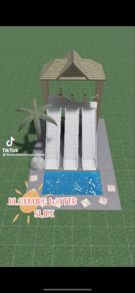 Preppy Summer Bloxburg House, Camp Layout Bloxburg, Bloxburg Water Slide Ideas, Waterpark Bloxburg Layout, Bloxburg Hotel Pool Ideas, Water Park Layout Bloxburg, Water Park Ideas Bloxburg, Bloxburg Love Island Layout, Volleyball Bloxburg