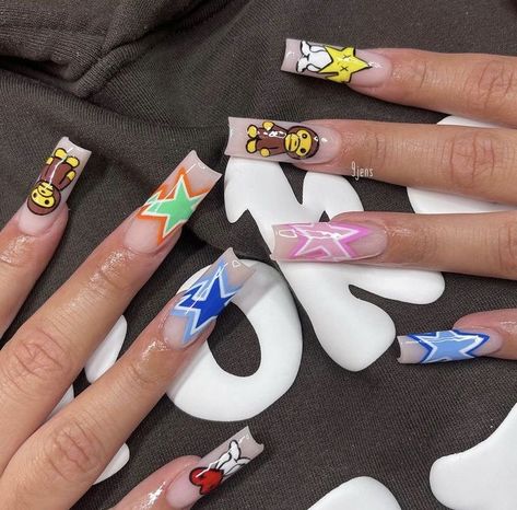 Lil Yatchy Nail Art, India Love Nails, Bape Nails Acrylic, Hypebeast Nails, Dope Nail Designs Swag, Cute Freestyle Nails, Supreme Nails, Lsd Nails, Name Nails