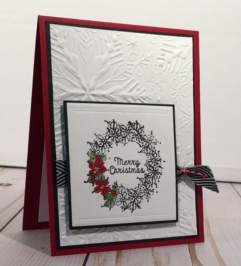 Beautiful - Clean - Classic   This 3D dimensional Christmas Card features a Poinsettia wreath Matted and raised on an embossed snowflake background. All this is mounted on a red card base and accented with a black & white ribbon.       > 4.25" x 5.5" Red Card Base       > Front message reads; "Merry Christmas"      > Inside white panel says: "Joy to the world the Lord has come" (optional blank inside)      > White envelope included      > Packaged in Clear glassine envelope unless 8 or more are ordered then they will be packaged in a clear plastic gift box *The back of my cards are always stamped with my personal brand as well as having the words "God Loves You". *If you'd like different messages please let me know. Many of my cards can be customized to fit your needs. I'll always be glad Unique Christmas Gift Tags, Embossed Christmas Cards, Stamped Christmas Cards, Simple Christmas Cards, Unique Christmas Cards, Poinsettia Wreath, Snowflake Background, Patriotic Christmas, White Panel