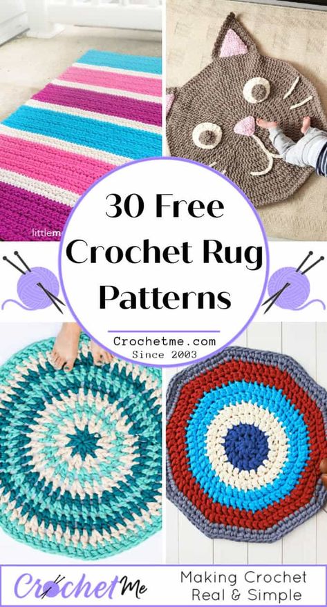 30 Free Crochet Rug Patterns for Beginners - Crochet Me Free Crochet Rug Patterns, Easy Crochet Rug Patterns, Easy Crochet Rug, Crochet Rug Patterns Free, Modern Haken, Crochet Rag Rug, Crochet Mat, Crochet Carpet, Rug Patterns