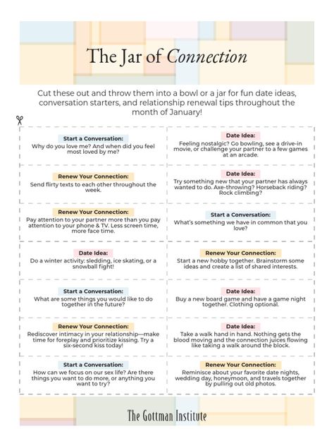 The Gottman Institute - January 2023 - Jar of Connection | PDF The Gottman Institute, Gottman Method Love Maps, Gottman Method Worksheets, Gottman Worksheets Free Printable, Gottman Worksheets, Gottman Repair Checklist, Gottman Marriage, Couples Counseling Worksheets, Couple Prompts